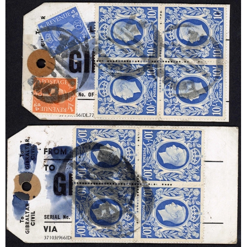 1332 - c1942-45 SIX TAGS WITH HIGH VALUES inc. examples from London to Copenhagen bearing over both sides ½... 