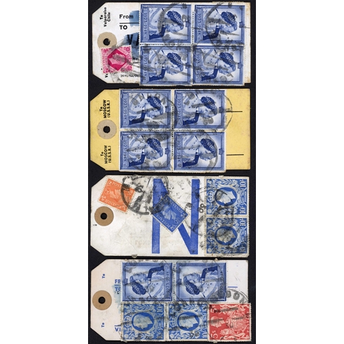 1335 - c1948-57 FOUR TAGS WITH RSW £1, ETC.: c.1948 tag from London to Burma bearing on both sides 2d, 2½d,... 