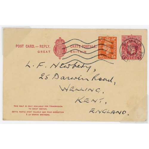 1383 - POSTAL STATIONERY - RARE USED G.B. KGVI REPLY PCs: 1947-55 group from Ethiopia/Somalia (2), France (... 