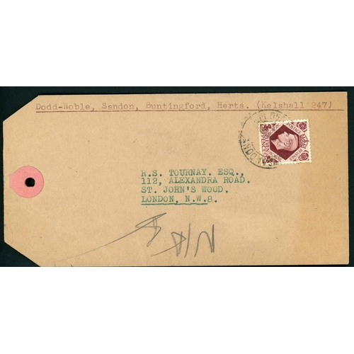 1391 - 11d VALUE/RATES ON COVERS: 25 Mar. 1953 parcel tag from Sandon(?) to London with v. rare 11d Plum pr... 