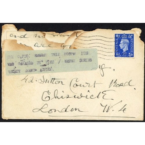 1407 - DAMAGED BY FIRE/WATER DURING ENEMY ACTION TYPED LABEL: Apr. 1941 env. & content Darlington to Chiswi... 