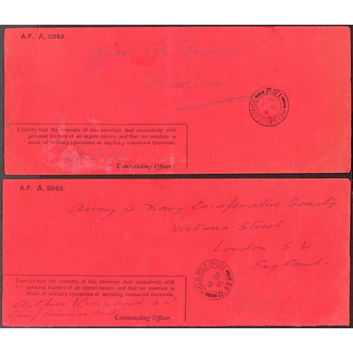 1664 - VERY RARE RED 'HONOUR' ENVELOPES USED FROM F.P.O.s 152 & D.32 IN FRANCE: 28 June & 12 Dec. 1915 usag... 