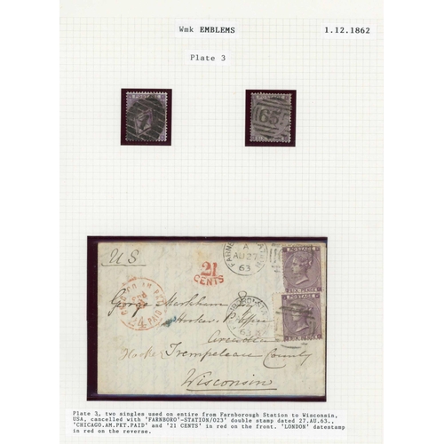 1002 - 1862 EMBLEMS WATERMARK 6d PLATE 3 COVERS, ETC.: 27 Aug. 1863 EL from Farnborough to Wisconsin bearin... 