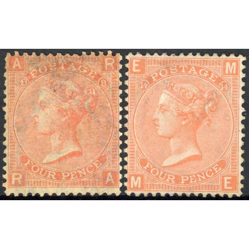 1008 - 1865-67 LARGE GARTER WATERMARK 4d vermilion plates 8 RA unused, very slightly toned and plate 14 ME.... 