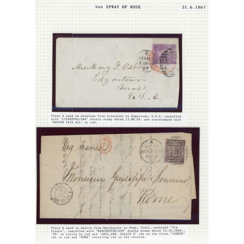 1015 - 1867-69 SPRAY OF ROSE WATERMARK 6d PLATES 6, 8 & 9 USED ON COVERS with plate 6 AE used on 3 Mar. 186... 