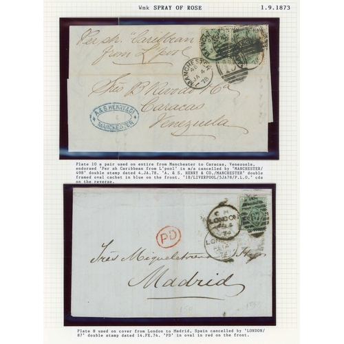 1063 - 1873-76 SPRAY OF ROSE WATERMARK 1/- green plates 8 (2, inc. one on 14 Feb. 1874 E from London to Mad... 