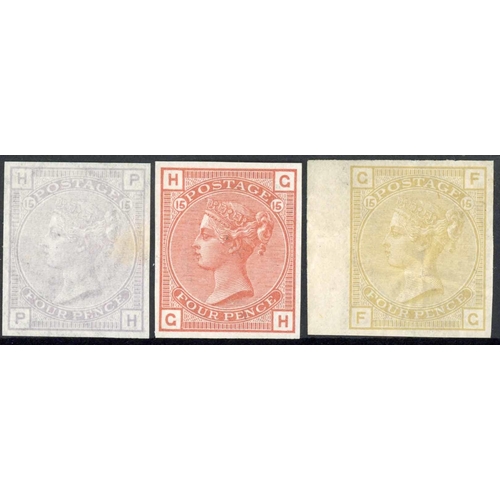 1079 - 1876 4d LARGE GARTER IMPERFORATE COLOUR TRIALS: Three examples of the grey-lilac PH, chestnut CH and... 