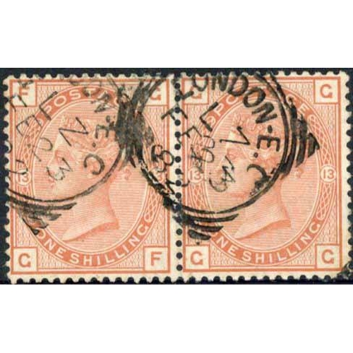 1081 - 1881 1/- ORANGE BROWN PLATE 13 GF-GG a pair with small 