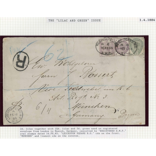 1107 - 1883-84 LILAC & GREEN ISSUE COVERS inc. 10 Jan. 1885 2d (G size) registered env. uprated with 1/½d u... 