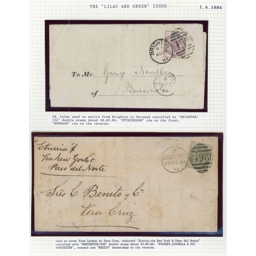 1107 - 1883-84 LILAC & GREEN ISSUE COVERS inc. 10 Jan. 1885 2d (G size) registered env. uprated with 1/½d u... 