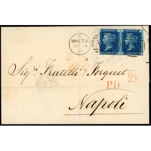 1342 - ** 1871 MALTA TO NAPLES WITH PAIR 2d BLUES: Fine E to Naples franked pair 1854 2d blue Pl. 13 IE-IF ... 