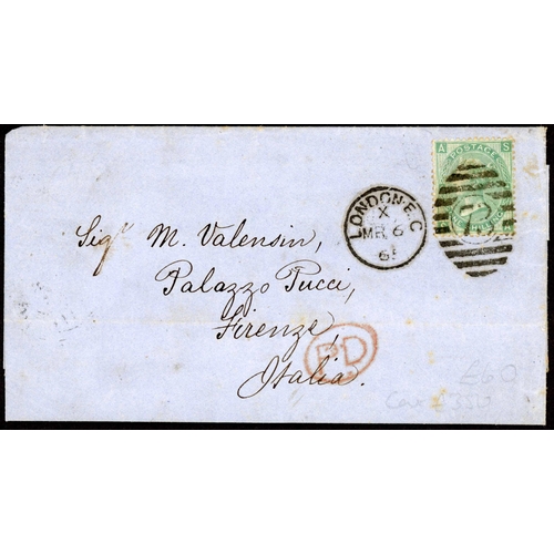 1478 - 1/- RATE COVER TO ITALY: 6 March 1865 EL from London to Florence franked with a single 1865 1/- plat... 