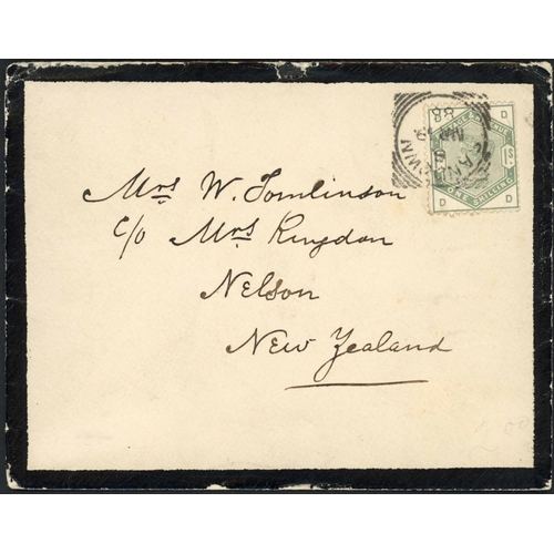 1484 - NEW ZEALAND: 19 March 1887 mourning env. from Sandown to Nelson, N.Z, bearing 1883-84 1/- green DD w... 