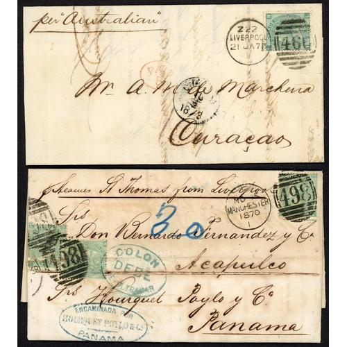 1485 - PANAMA & CURACAO MAILS FROM LANCASHIRE INC. 3/- TRIPLE RATE: Pair with 1870 EL (faults) Manchester t... 