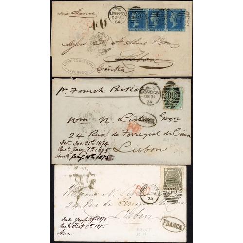 1486 - GB MAIL TO IBERIA: 1864-75 group from Liverpool (2), Birmingham or London (4) to Portugal (6) or Spa... 