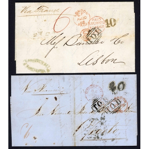 1487 - PORTUGAL - FOREIGN OFFICE HANDSTAMP: 20 Aug. 1862 EL from London via France to Lisbon with ms 