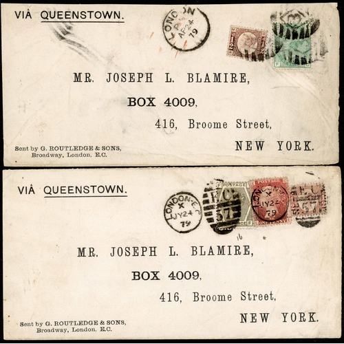 1493 - UNITED STATES: 24 April 1879 printed env. from London via Queenstown to N. York bearing ½d plate 2 R... 