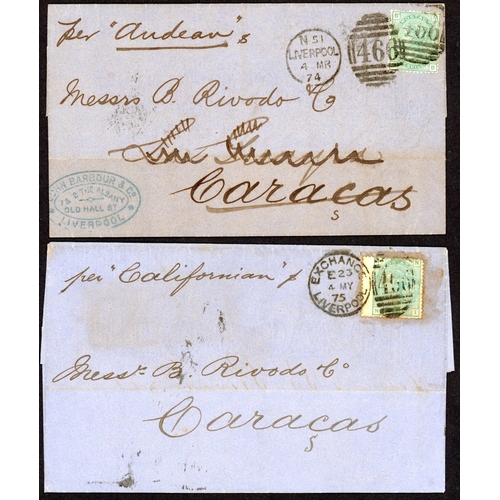 1494 - VENEZUELA - 1/- GREEN EX LIVERPOOL THIRD & FOURTH CONTRACT MAILS: 1874-78 selection inc. Mar. 1874 E... 