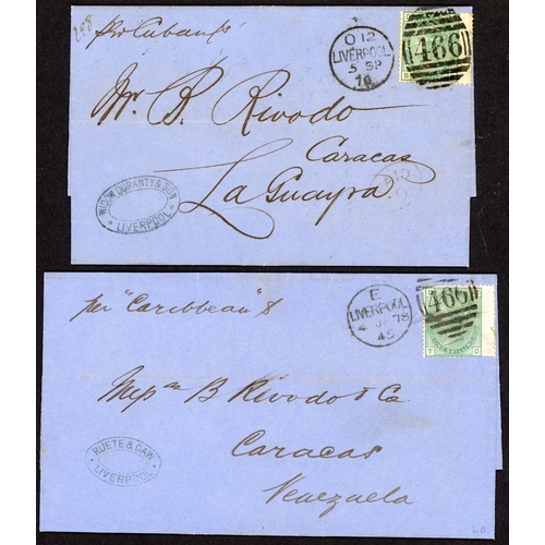 1494 - VENEZUELA - 1/- GREEN EX LIVERPOOL THIRD & FOURTH CONTRACT MAILS: 1874-78 selection inc. Mar. 1874 E... 