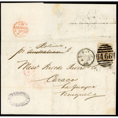 1495 - VENEZUELA - 4d PL. 17 LARGE GARTER EX LIVERPOOL WITH SCARCE RED P.L.O. CDS: 4 Sept. 1880 EL Liverpoo... 