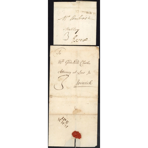 1607 - IPSWICH 18TH CENTURY MAIL: c.1742-1787 quartet inc. c.1742 E (repaired) local use rated 