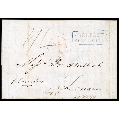 1700 - BELFAST SHIP LETTER IN BLUE EX BRAZIL: 1842 EL Bahia to London rated 1/4d with fine (light filing cr... 