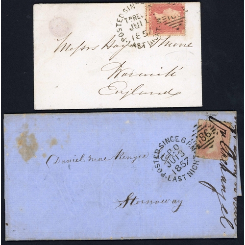 1703 - POSTED SINCE LAST NIGHT DUPLEX: 1 July 1857 env. from Dublin to Warwick bearing LC14 1d SB tied by a... 