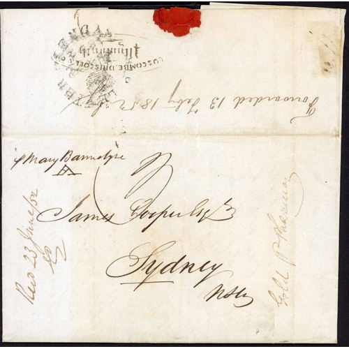 289 - G.B. TO AUSTRALIA VIA LONDON & PLYMOUTH FORWARDING AGENTS: Pair EL 20 Jan. 1852 London to Sydney wit... 