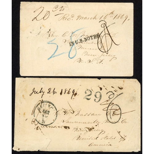 302 - FERNANDO PO - EQUATORIAL GUINEA TO USA: 1869 pair env. (July env. with tear clear of marks/faults) f... 