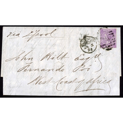 304 - FERNANDO PO - INGOING MAIL FROM LONDON: Pair inc. Jan. 1872 EL London to Fernando Po franked 6d lila... 