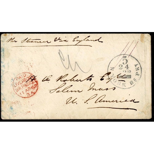 326 - SIERRA LEONE TO U.S.A. VIA LIVERPOOL: Mar. 1862 env. (light staining) carried by the SS Athenian fro... 