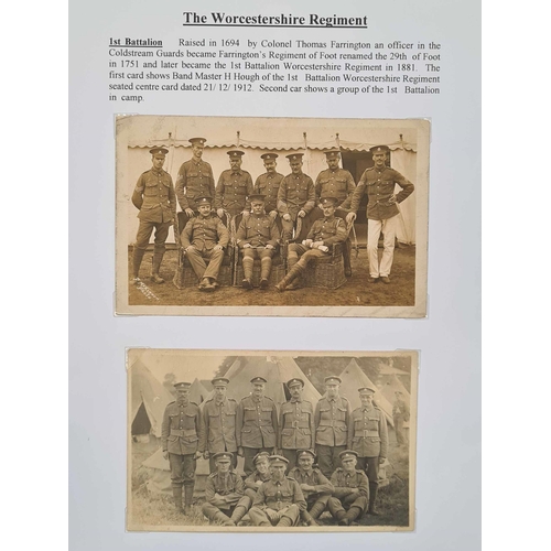 339 - WORCESTERSHIRE REGIMENT: Collection of mostly real photo type PPCs presented on display pages, depic... 