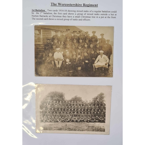 339 - WORCESTERSHIRE REGIMENT: Collection of mostly real photo type PPCs presented on display pages, depic... 