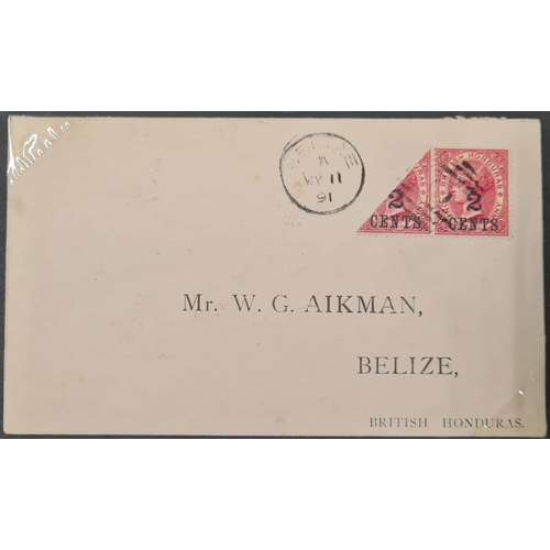 468 - 1888-91 2c ON 1d BISECT ON COVER: An internal Belize cover dated 1891 with pair of 2c on 1d carmine,... 