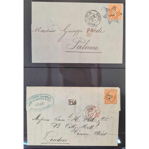 565 - EARLY PERFORATED ISSUES ON COVER: Binder with a collection of mid-19th to early 20th C. cards & cove... 