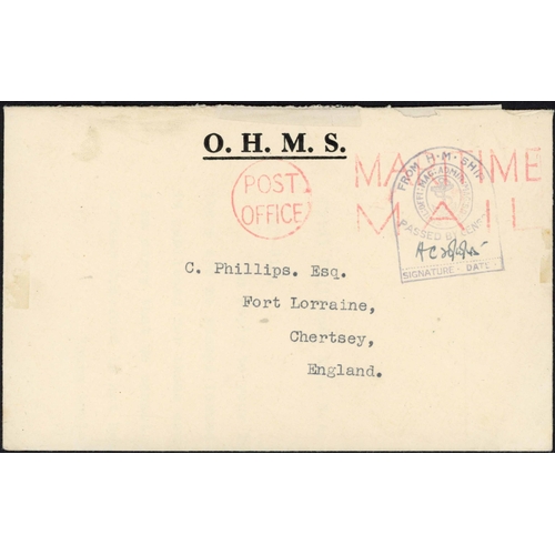 818 - POST WWII MAIL - RARE OHMS CENSOR COVER TO ENGLAND WITH TOMBSTONE CACHET INITIALLED BY SURGEON LIEUT... 