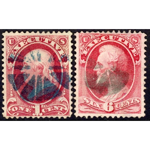 828 - 1873 OFFICIALS EXECUTIVE DEPT: 3c & 6c both with central segmented cork cancellations in blue & blac... 