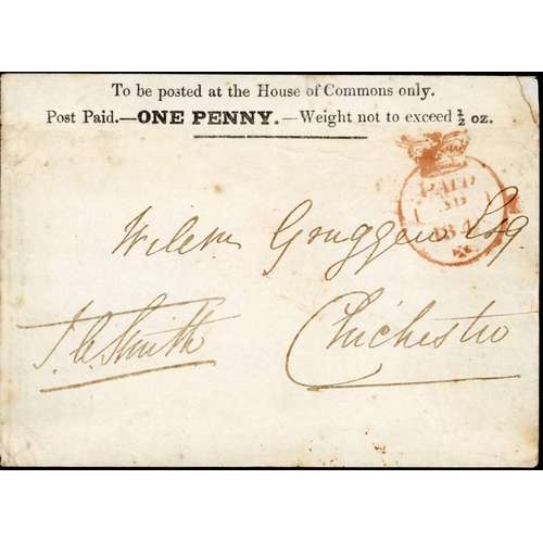 866 - HOUSE OF COMMONS 1d ENVELOPE - USED TO CHICHESTER: 1st Apr. 1840 usage of the 