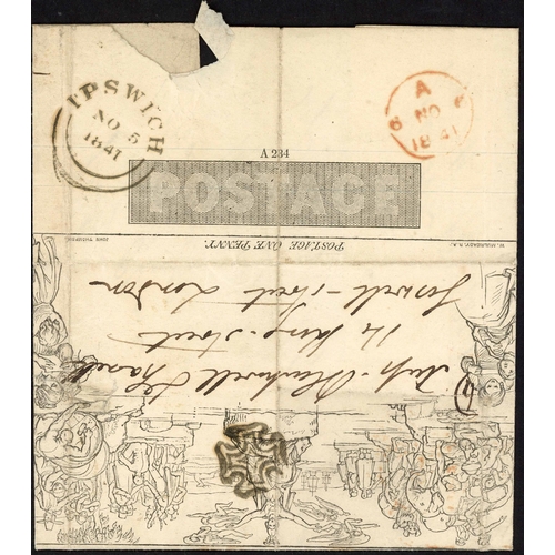 910 - IPSWICH 1d MULREADY LETTER SHEET: 5 Nov. 1841 1d Letter sheet stereo A234 Forme 6 (vertical crease t... 