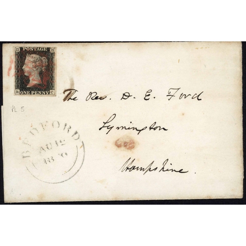 924 - PLATE 5 RC placed contrary to regulations on the top left of a 12 Aug. 1840 wrapper from Bedford to ... 