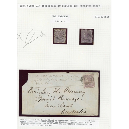 993 - 1856 6d LILAC - COVERS ETC.: 11 Aug. 1859 E from London via Marseilles to Messina bearing emblems wm... 