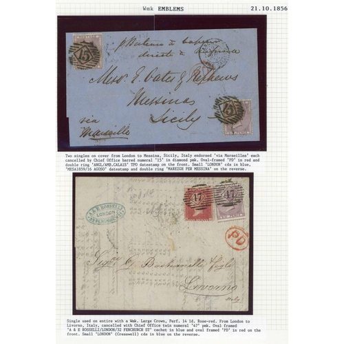 993 - 1856 6d LILAC - COVERS ETC.: 11 Aug. 1859 E from London via Marseilles to Messina bearing emblems wm... 