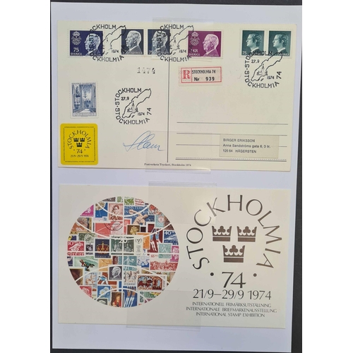 796 - 'STOCKHOLMIA 74': Box file housing a collection of stamps, booklets & covers (many special handstamp... 