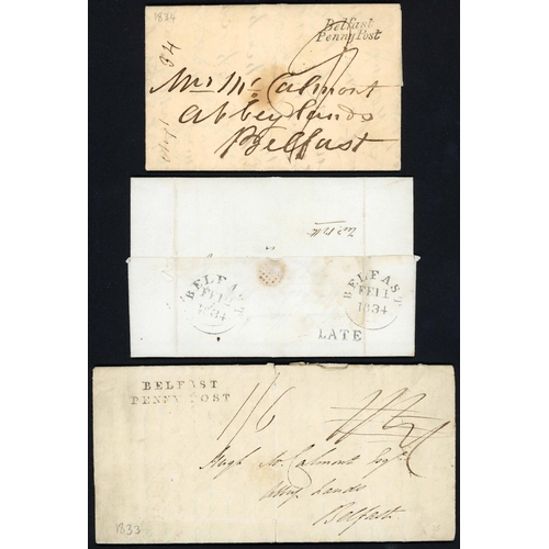 1687 - BELFAST PRESTAMP MAILS: 1800-39 with 1800 EL to bristol with v.fine red 43mm BELFAST hs; 1802 EL to ... 