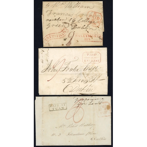 1690 - TOWN NAMED PAID HS, ETC.: 1826-46 group (no Dublin) with 1840 EL to London with fine red fancy boxed... 