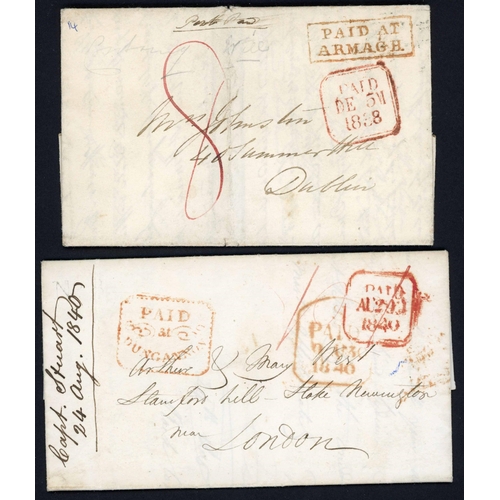 1690 - TOWN NAMED PAID HS, ETC.: 1826-46 group (no Dublin) with 1840 EL to London with fine red fancy boxed... 