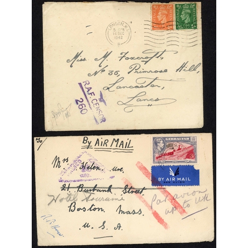 1051 - GIBRALTAR: 1940-45 group inc. Dec. 1940 env. airmail Gibraltar to Boston USA franked KGVI Gib 6d tie... 