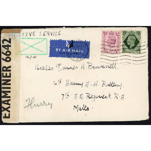 1053 - MALTA - THE MANUSCRIPT GREEN CROSS LABEL ON COVER: 14 July 1941 ON ACTIVE SERVICE env. (minor edge f... 