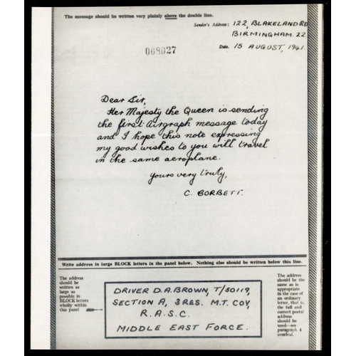 1058 - AIRGRAPHS - FIRST & LAST DAY USAGE: 15 Aug. 1941 Airgraph from Birmingham to RASC, MEF with the send... 