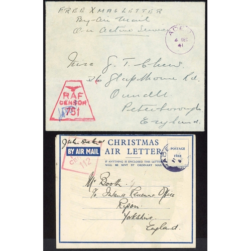 1060 - ADEN: 4 Dec. 1941 env. endorsed FREE XMAS LETTER / By Air Mail / On Active Service Aden to Oundle wi... 